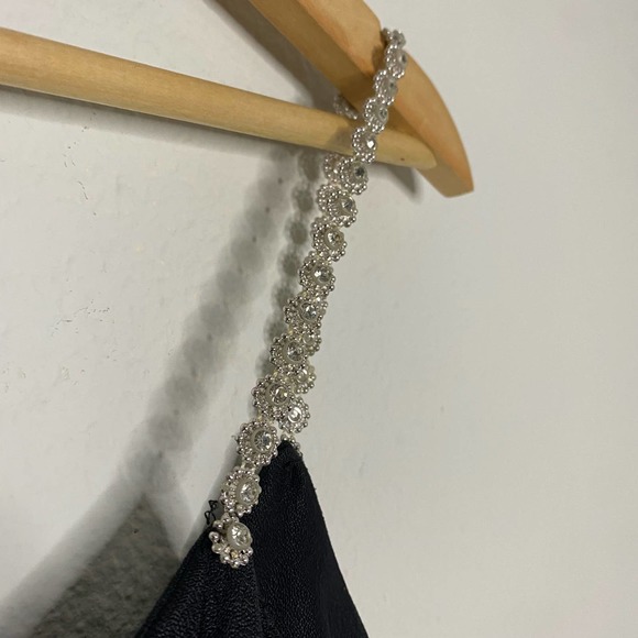 Gunnie Sax Black Tight Midi Dress with Front Leg Slit & Rhinestone Straps 9/10 - Picture 11 of 16